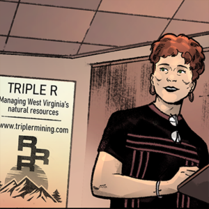 Chapter 14: A URL on a poster leads to more details about Triple R and its so-called 'responsible mining' practices. (triplermining.com)